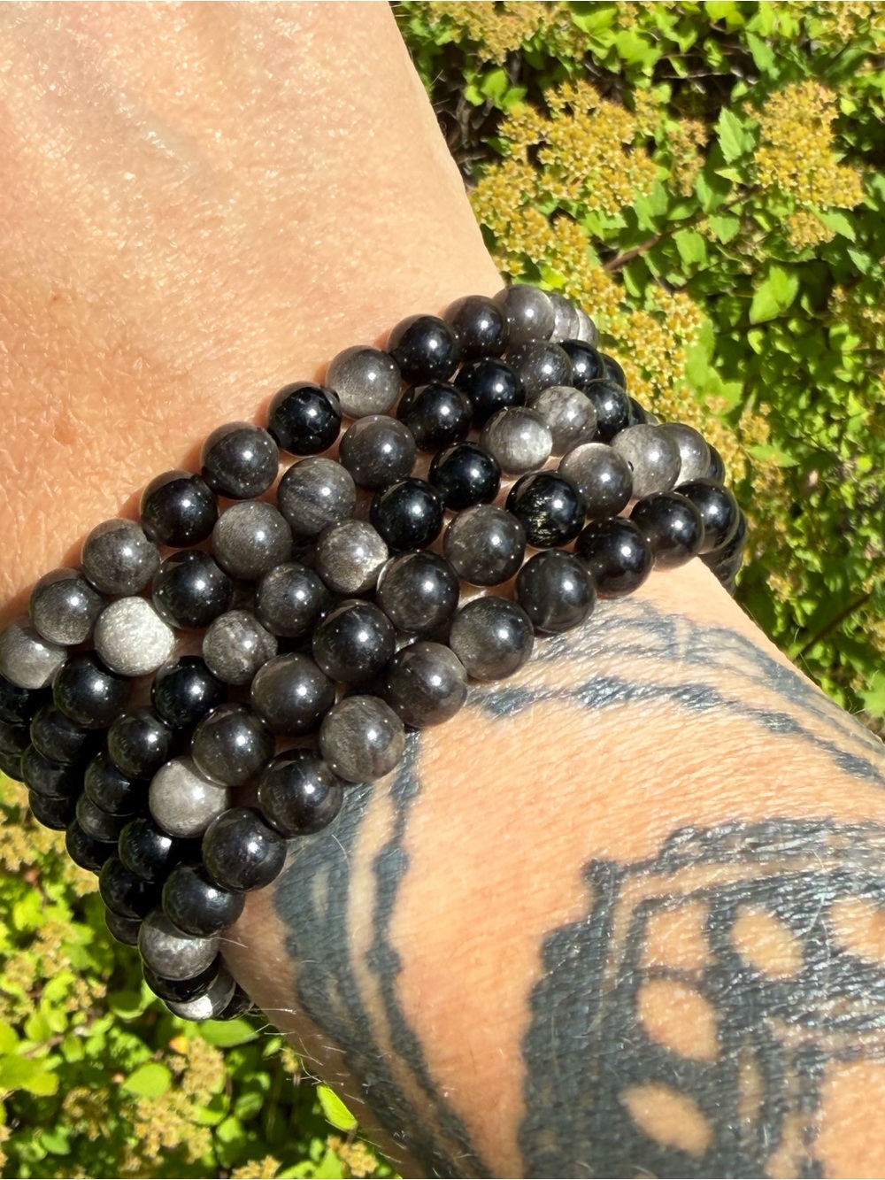 6mm Silver Sheen Obsidian Beaded Bracelet